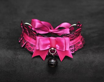 Collar con cascabel magenta DDLG, collar de gatito DDLG, collar de encaje, collar BDSM, collar de gatito BDSM, juguete ABDL, collar de mascota BDSM, juguete sexual