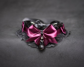 Collar BDSM, gargantilla DDLG con cascabel, collar para juego de gatita, gargantilla de encaje, gargantilla BDSM para gatita, juguete para adultos ABDL, fetiche de papá BDSM, gargantilla color burdeos, juguetes sexuales