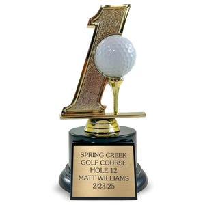 May include: A golf trophy featuring a gold number one with glitter accents, a golf ball, and a tee. The trophy sits on a black base with a gold plaque that reads "SPRING CREEK GOLF COURSE HOLE 12 MATT WILLIAMS 2/23/25."