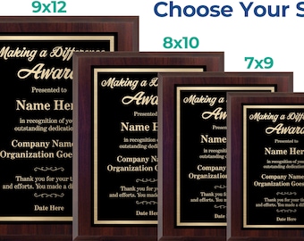 May include: Five mahogany-colored wooden frames with gold trim, each displaying a black plaque with gold lettering. The plaques feature the text "Making a Difference Award" and "Making a Award". The frames are available in five sizes: 9x12, 8x10, 7x9, and 6x8 inches.