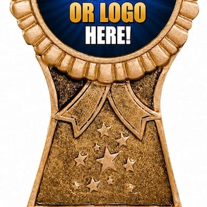 May include: A gold-colored trophy featuring a circular top with a blue center displaying the text ADD YOUR PICTURE OR LOGO HERE! surrounded by gold stars. The base includes a rectangular plate with the text INCLUDES YOUR PERSONALIZED ENGRAVING UP TO 3 LINES.