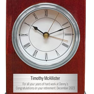 Personalized Mahogany Desk Clock with Silver Metal Plate - Retirement Gift for Employee
