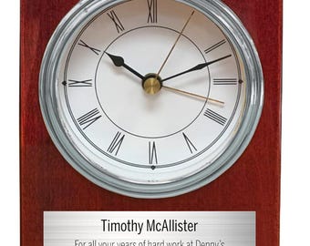 Personalized Mahogany Desk Clock with Silver Metal Plate - Retirement Gift for Employee