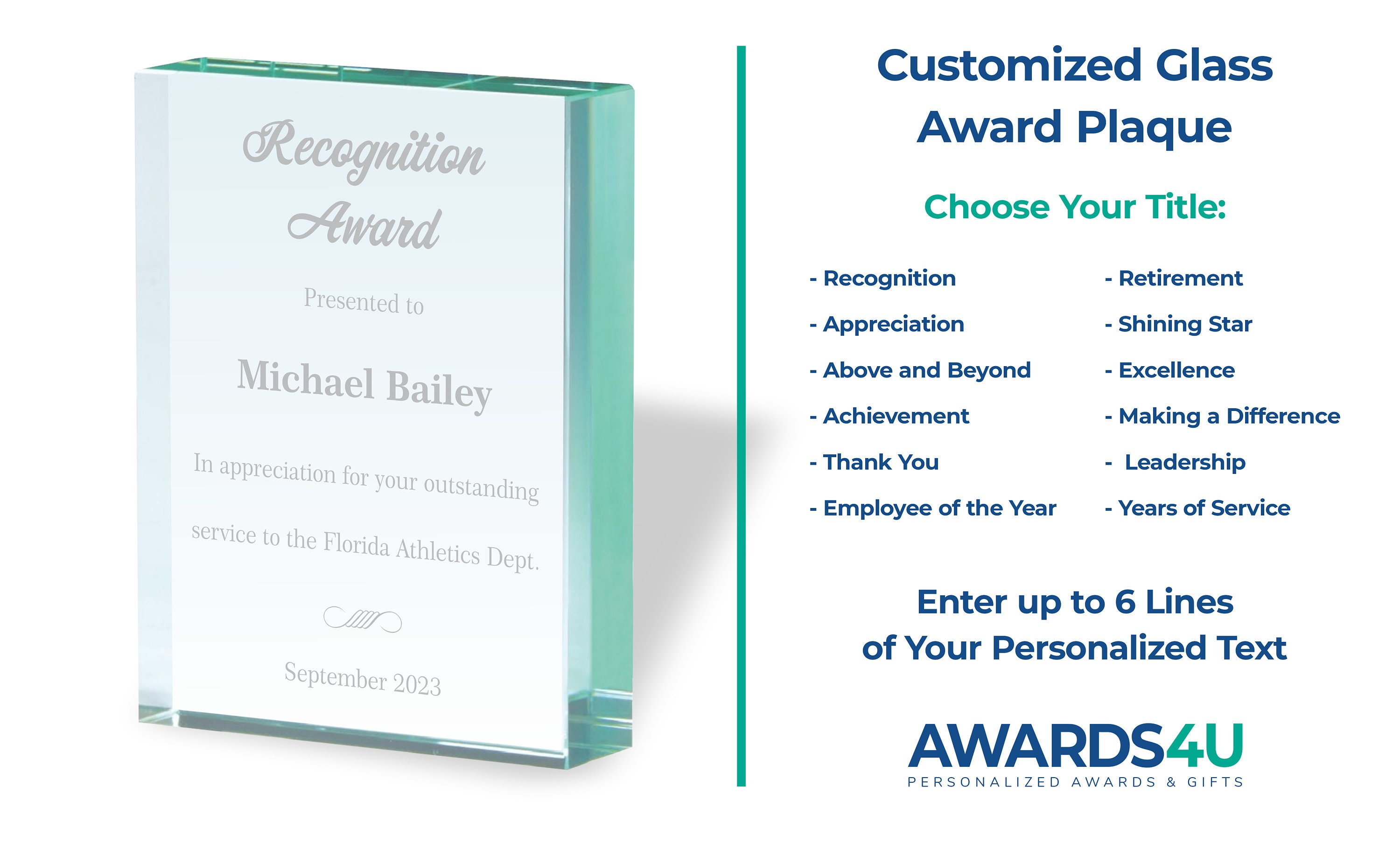 thumbnail image 2 of Personalized Plaque - Customized Glass Award Trophy - 7 Tall With Engraving - Custom Award Plaque For Employee Recognition - Choose Your Title: Appreciation, Excellence, Retirement And More 2 of 12