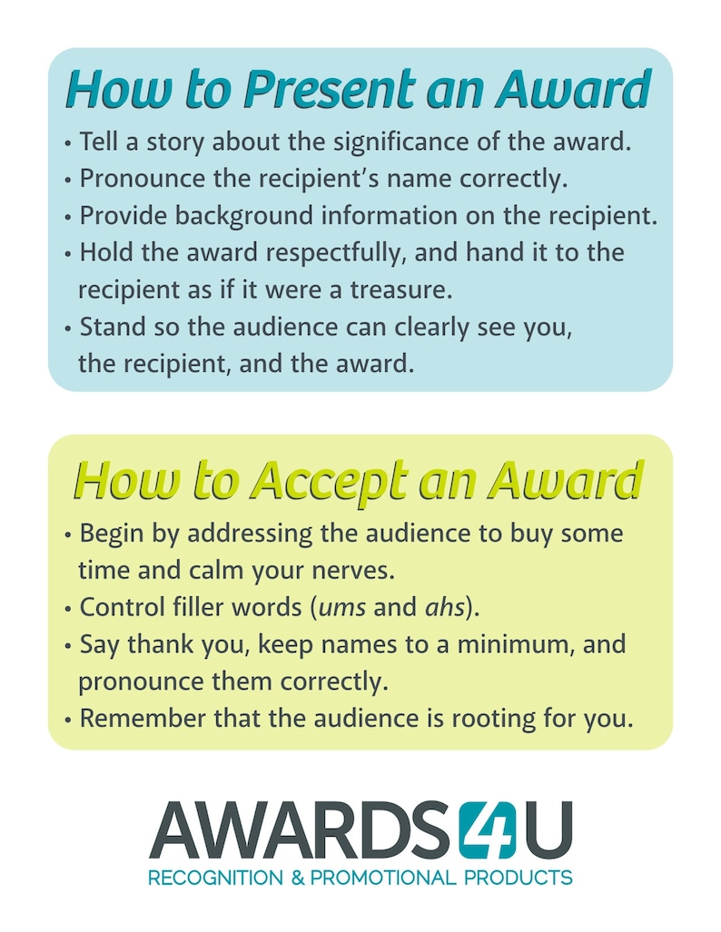May include: A yellow and blue infographic with the text "How to Present an Award" and "How to Accept an Award". The infographic lists tips for presenting and accepting awards. The text "AWARDS4U" is at the bottom of the infographic.