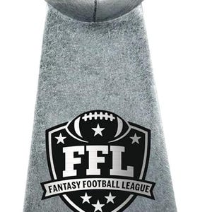 May include: Silver-colored fantasy football trophy. The trophy features a football-shaped top and a base with the text "FFL Fantasy Football League". The base includes a plaque with the text "Reid's Rowdy Rascals First Place Fantasy Football Trophy Text Here".