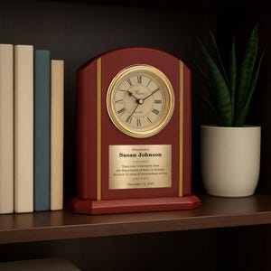 May include: A wooden desk clock with a gold-colored clock face and Roman numerals. The clock has a rectangular base and a curved top. A gold plaque reads "Presented to Susan Johnson" and includes text about retirement. A potted plant and books are in the background.