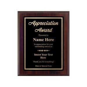 Custom Plaque for Appreciation - Laser Engraved Personalized Award - Choose Your Size!