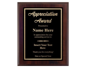Custom Plaque for Appreciation - Laser Engraved Personalized Award - Choose Your Size!