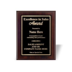 Sales Award Custom Plaque for Excellence in Sales, Top Salesperson Recognition