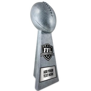 May include: A silver-colored fantasy football league trophy. The trophy features a football-shaped top and a trapezoidal base. The base has the text "FFL Fantasy Football League" and a space to add text.