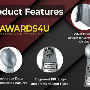 May include: Image showcasing silver-colored fantasy football trophies. The trophies feature an engraved FFL logo and personalized plates. The design highlights attention to detail with realistic features and a velvet finish on the bottom for scratch-free display. The text "Product Features" and "AWARDS4U" are also visible.
