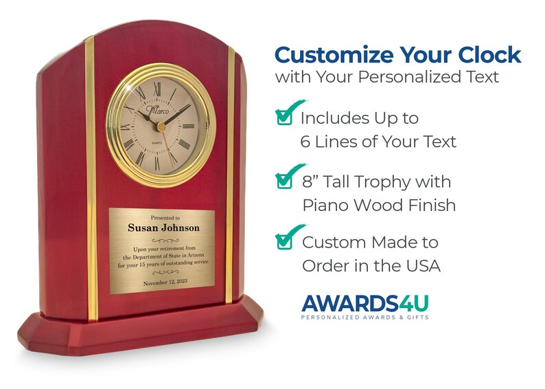 May include: A red piano wood finish clock with a gold-colored clock face and trim. The clock has a personalized plaque with text. The clock is 8 inches tall and can be customized with up to 6 lines of text.