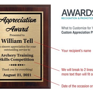 May include: A gold plaque with a black border and a mahogany frame. The plaque reads "Appreciation Award" and is presented to "William Tell" for "outstanding service to Archery Training Skills Competition". The date of the award is August 21, 2021.