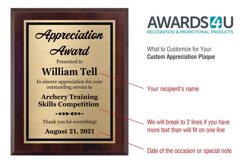 May include: A gold plaque with a black border and a mahogany frame. The plaque reads "Appreciation Award" and is presented to "William Tell" for "outstanding service to Archery Training Skills Competition". The date of the award is August 21, 2021.