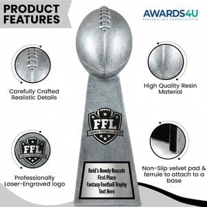 May include: A silver-colored fantasy football trophy with an American football-shaped top. The trophy has a rectangular base with the text "Reid's Rowdy Rascals First Place Fantasy Football Trophy Text Here". The trophy is made of high-quality resin.