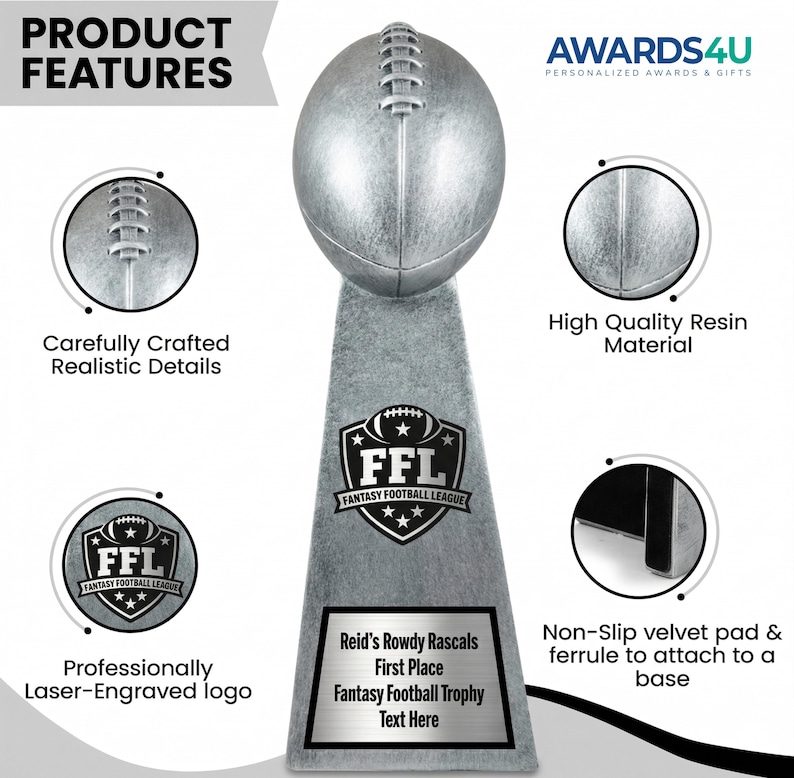 May include: A silver-colored fantasy football trophy with an American football-shaped top. The trophy has a rectangular base with the text "Reid's Rowdy Rascals First Place Fantasy Football Trophy Text Here". The trophy is made of high-quality resin.