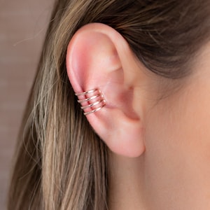 Manchette d'oreille quatre bandes en or rose (boucle d'oreille sans piercing, tour d'oreille, veste d'oreille, faux piercing, boucle d'oreille, manchette d'oreille en or rose, manchette épaisse)