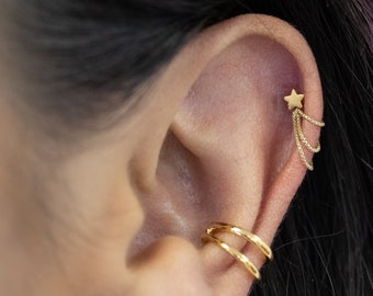 14k Gold Short Triple Box Chain Connector (Earring Chain Connector, Earring Jacket, Solid Gold Earring Chain, Layered Ear Chain, Ear Chain)