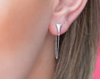 Silver Chain Wrap Earrings, Silver Triangle Studs, Chain Wrap Earrings, Triangle Studs, Silver Studs, Silver Chain Earrings, Pyramid