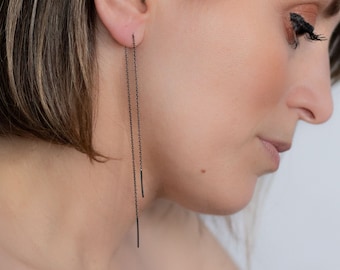 Gunmetal Ultra Long Threader Earring, Long Threader Earring, Gunmetal Threader Earring, Threader Earrings, Chain Earrings, Black Threaders