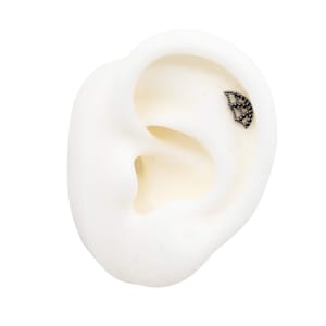 May include: A black, fan-shaped earring with small, dark stones is displayed on a white ear model. The earring is positioned on the upper ear cartilage. The background is plain white.
