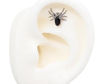 Black Crystal Spider Earring Top & Barbell (Threadless Flat Back Implant Grade Titanium Lobe/Cartilage Jewelry - Silver, 18K Gold)