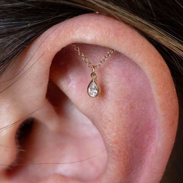 14k Gold Teardrop Floating / Vertikale Helix Ohrring Top & Barbell (Fadenschmuck mit flacher Rückseite - Gelb, Weißgold)