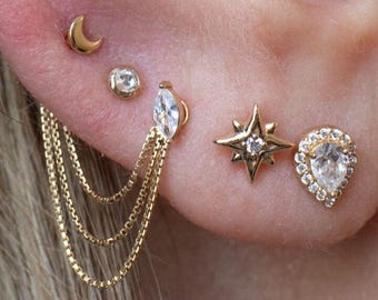 14k Gold Long Triple Box Chain Connector (Earring Chain Connector, Earring Jacket, Solid Gold Earring Chain, Layered Ear Chain, Ear Chain)
