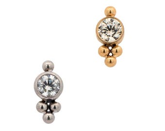 Kristall Tri Bead Ohrring & Barbell Silber (Ohrring ohne Faden, Push Pin Ohrstecker, fadenlose flache Rückseite, Titan Ohrringe, Kristallohrring)