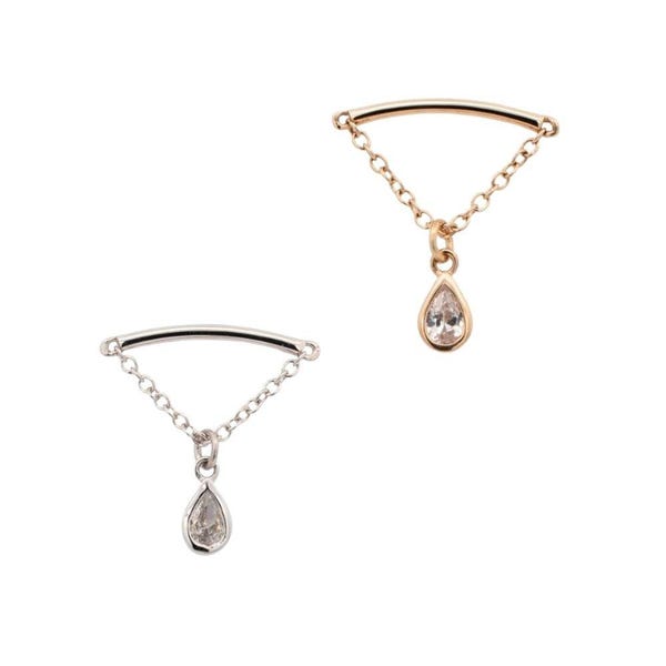 14k Gold Teardrop Floating / Vertikale Helix Ohrring Top & Barbell (Fadenschmuck mit flacher Rückseite - Gelb, Weißgold)