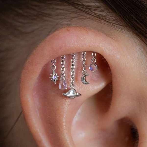 14k Gold Mondstein himmlische Ohrring Top & Barbell (Fadenlose flache Rückseite Floating/Vertikale Helix baumeln - Gelb, Weißgold)