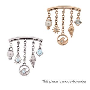 14k Aquamarine and Pearl Ocean Earring (Threadless Earring, FlatBack Earring, Push Pin Stud, Dangle Earring, Solid Gold Earring, Helix)