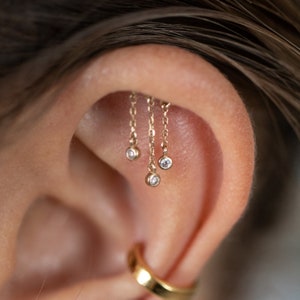 14k Triple Crystal Floating Helix Earring Gold (Threadless Flat Back Earring, Solid Gold Earrings, Dangle Earrings, Crystal Earrings)
