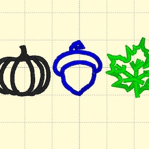 May include: A black pumpkin, a blue acorn, and a green maple leaf. These are fall-themed illustrations.