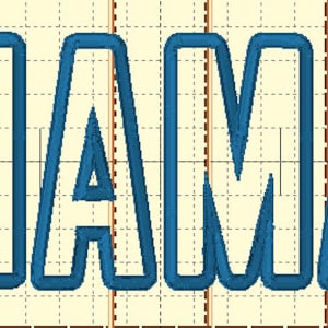 May include: Blue embroidered word "MAMA" on a beige background with a grid pattern.