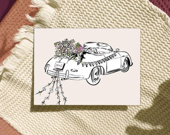 Personalisierbare Dankeskarten für Paare zur Hochzeit | Frisch verheiratet | Hochzeitskarten | Design mit Oldtimer-Flitterwochenauto | OHNE KI!
