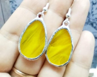 Stained Glass Easter Egg Earrings, Handmade Yellow Earrings, Spring Jewelry