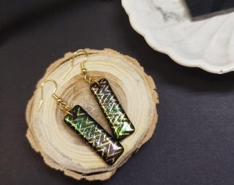 Long Black Earrings, Handmade classic glass earrings with gold pattern