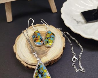 Stained glass earrings and pendant, tiffany jewelry set, asymmetric earrings