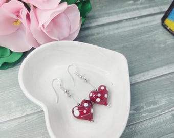 Earrings Red Hearts Murano Glass, Delicate Lampwork Earrings Gift for Sister