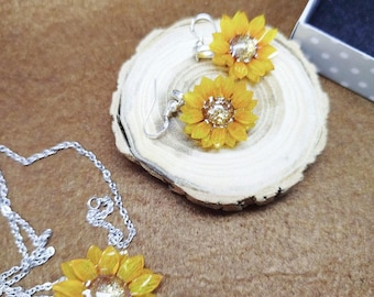 Sunflower orange Jewelry Sets shrink plastic, earrings miniature flower, Sunflower Pendant