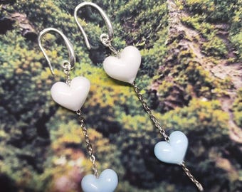 Lampwork Earrings Hearts, White and Blue Murano Glass Delicate Earrings Gift for Sister