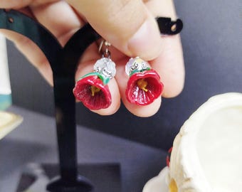 Red Flowers Earrings, Murano Glass romantic Lampwork Jewelry, Bell Flower Earrings