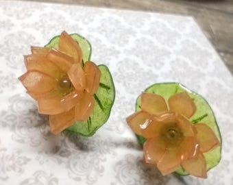 Water Lily Stud Earrings, Handmade Orange Flower Earrings, Shrink Plastic Botanical Jewelry