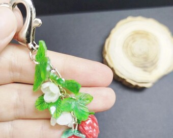 Bag charm strawberry, Keychain shrink plastic, colorful catcher flowers leaves berries