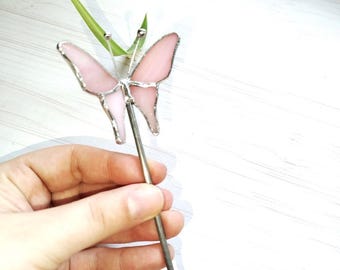Pink Stained Glass Butterfly Hair Pin, Handmade Bridal Hair Accessory, Gift for Women