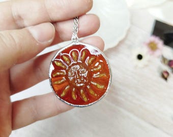 Pendant fusing glass sun, large pendant handmade jewelry