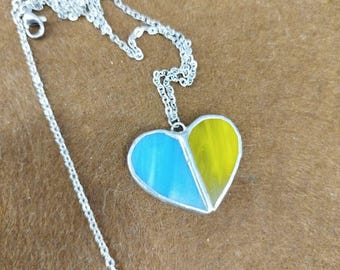 Stained glass heart pendant in Ukrainian colors, handmade Jewelry Gift for her