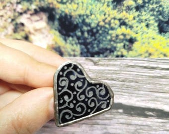 Stained Glass Black Heart Ring, Handmade Minimalist Love Ring